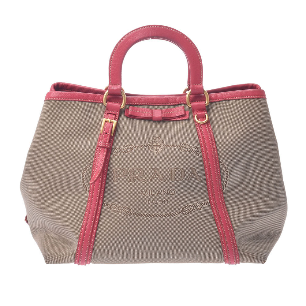 PRADA Jacquard Beige Pink Canvas Leather Bag
